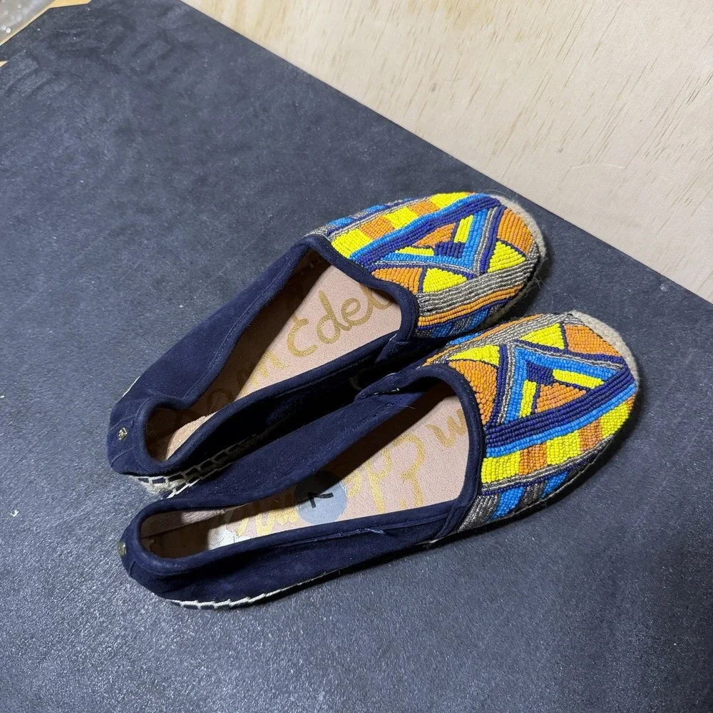 Sam Edelman MARIS Navy Blue Suede Beaded Espadrille Loafers Size 7